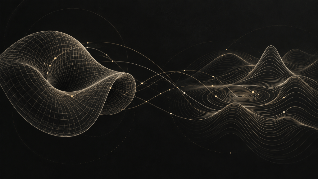 Fine gold lines connect a curved mathematical surface with wave-like structures on a charcoal background.