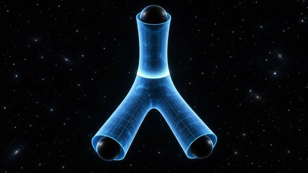 Translucent blue spacetime pants with the parent black hole at the top and two fragments at the lower openings.