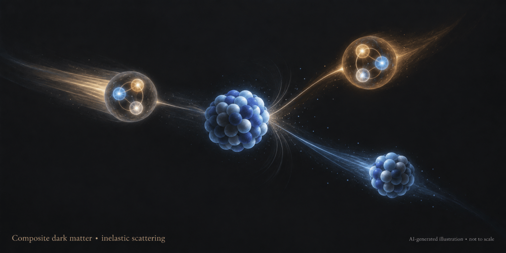 AI-generated conceptual illustration of a composite dark-matter particle scattering off a nucleus and transitioning to a heavier state; not to scale.