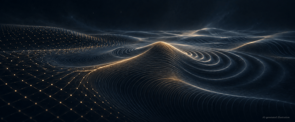AI-generated conceptual illustration of flowing quantum fields with a gentle rounded rise and an emerging lattice, in gold and blue on a dark background.